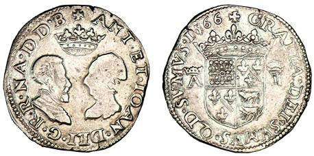 монета Наварра. Антуан де Бурбон и Жанна II д’Альбре. Тестон 1566
