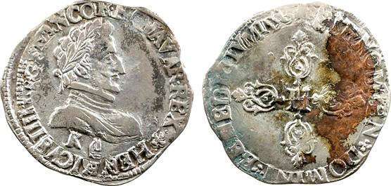 монета Франция. Генрих IV. 1/2 франка 1590
