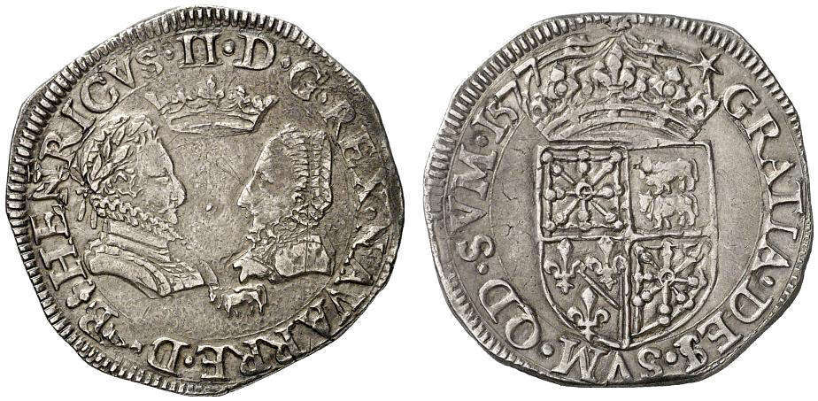 монета Генрих Наваррский и Маргарита Валуа. Тестон виконтства Беарн 1577